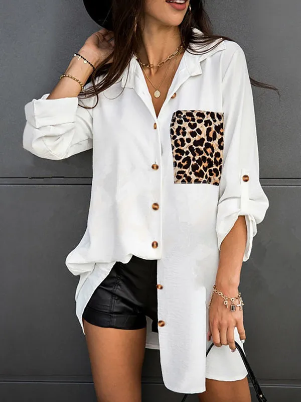 Long Sleeves Loose Leopard Split-Joint Lapel Blouses