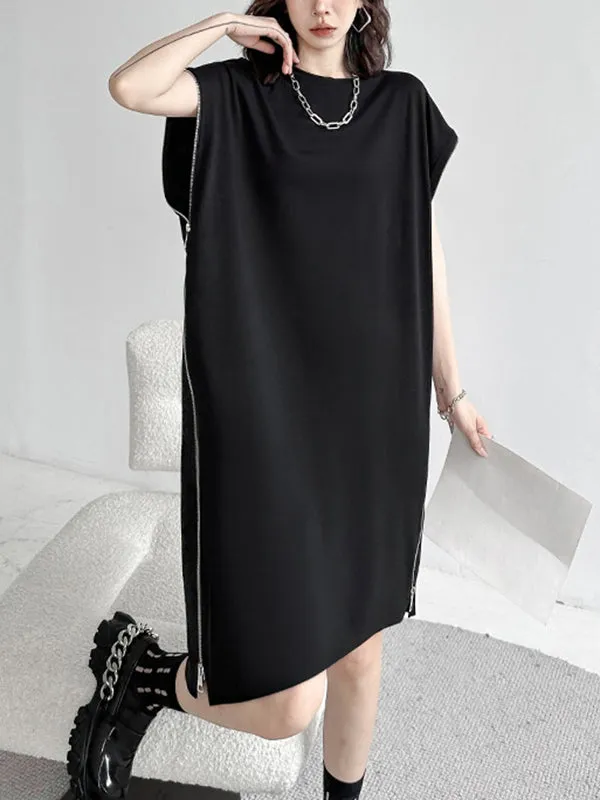 Loose Short Sleeves Asymmetric Zipper Round-Neck Dresses Midi Dresses