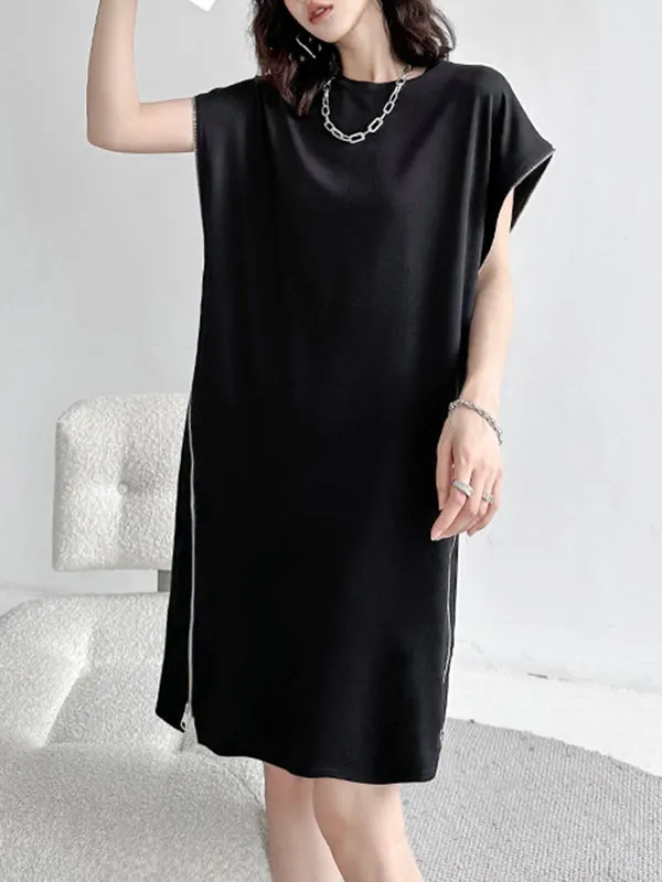 Loose Short Sleeves Asymmetric Zipper Round-Neck Dresses Midi Dresses