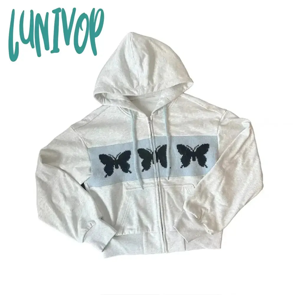 Lunivop Butterfly Graphic Print Crop Hoodies Women Korean Style Y2k Zip Up Hooded Sweatshirts Casual Sweet Kpop Harajuku Tops