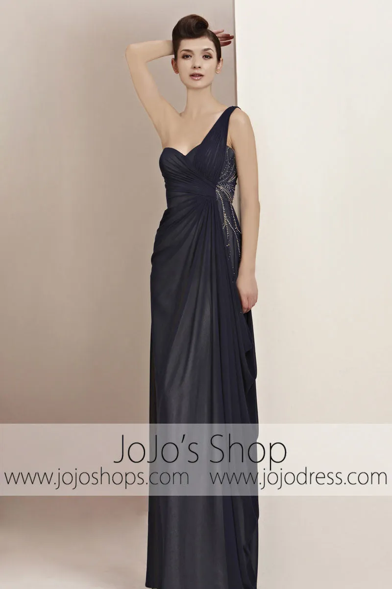 Navy Blue Grecian One Shoulder Goddess Military Evening Cocktail Dress CX830020