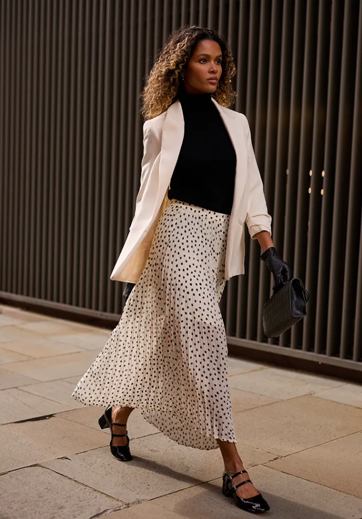 Nia Polka Dot Printed Midi Skirt In White