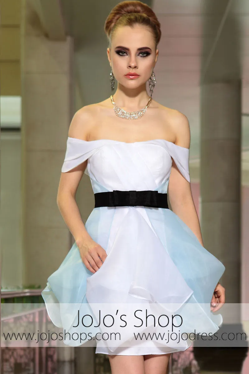 Off Shoulder White Blue Bridesmaid Cocktail Evening Formal Dress DQ86056