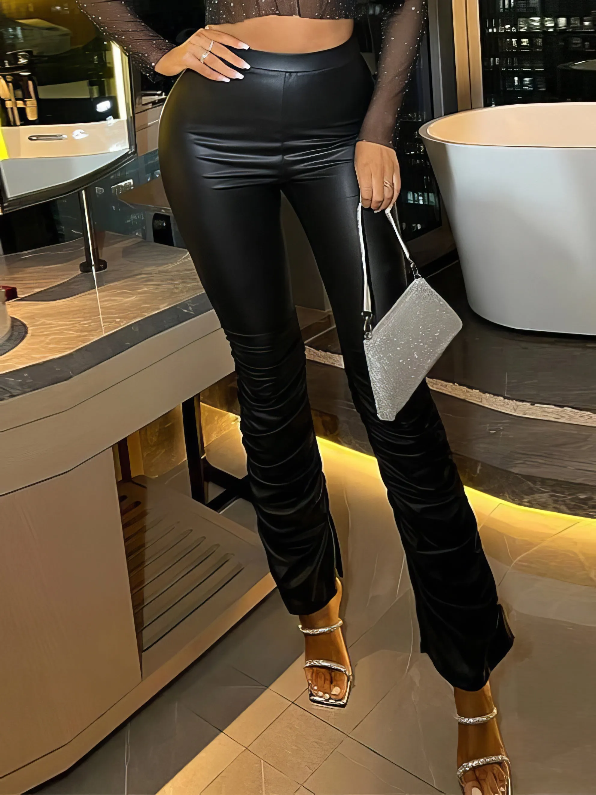 Pants High Waist Pleated Hem PU Leather Pants for Women