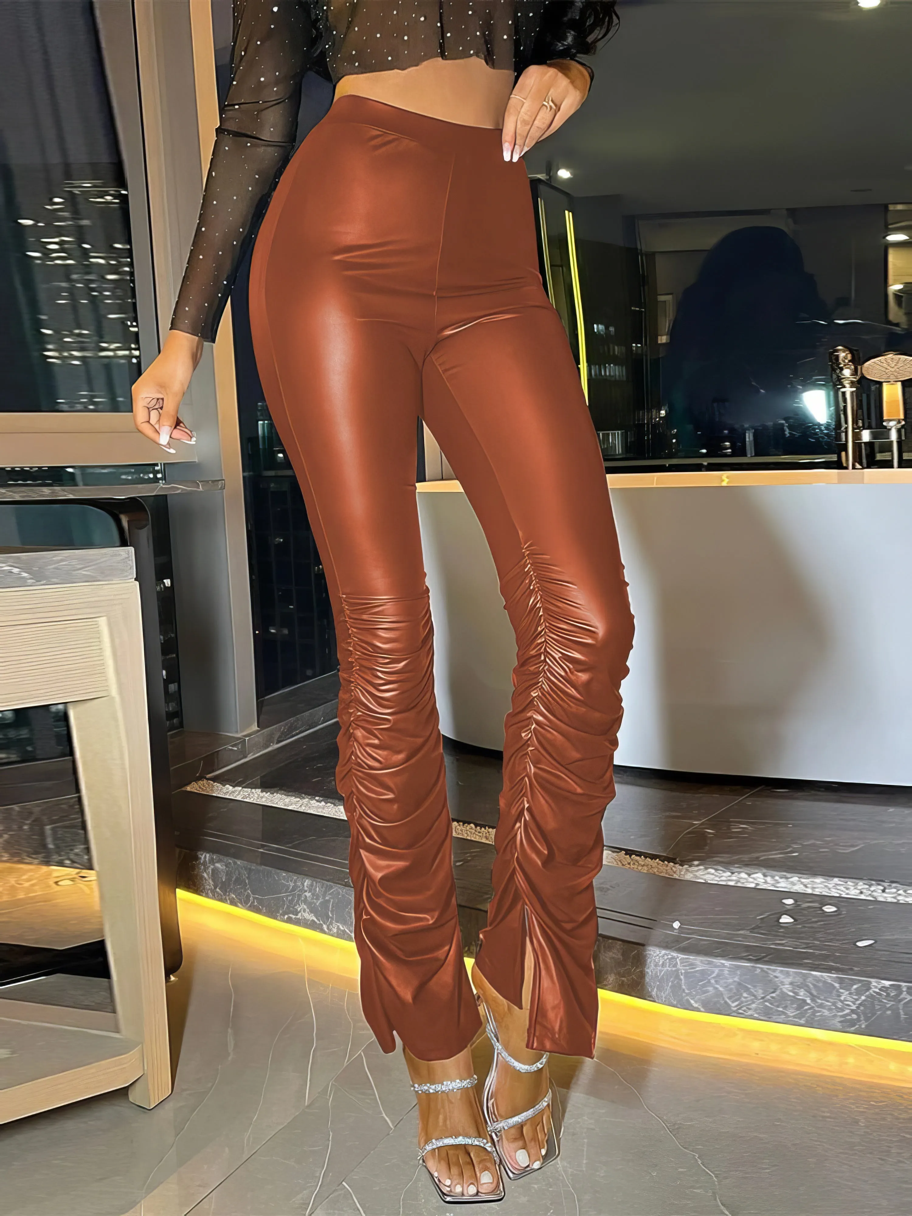 Pants High Waist Pleated Hem PU Leather Pants for Women