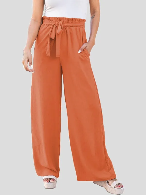 Pants Loose Solid High Waist Belted Wide Leg Flared Pants for Women