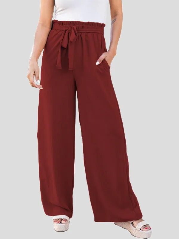 Pants Loose Solid High Waist Belted Wide Leg Flared Pants for Women