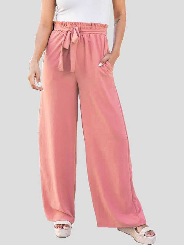 Pants Loose Solid High Waist Belted Wide Leg Flared Pants for Women