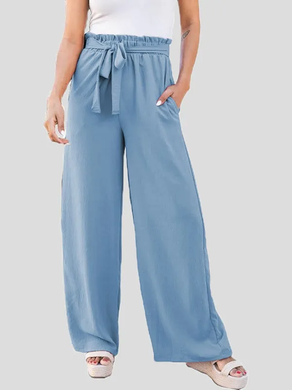 Pants Loose Solid High Waist Belted Wide Leg Flared Pants for Women