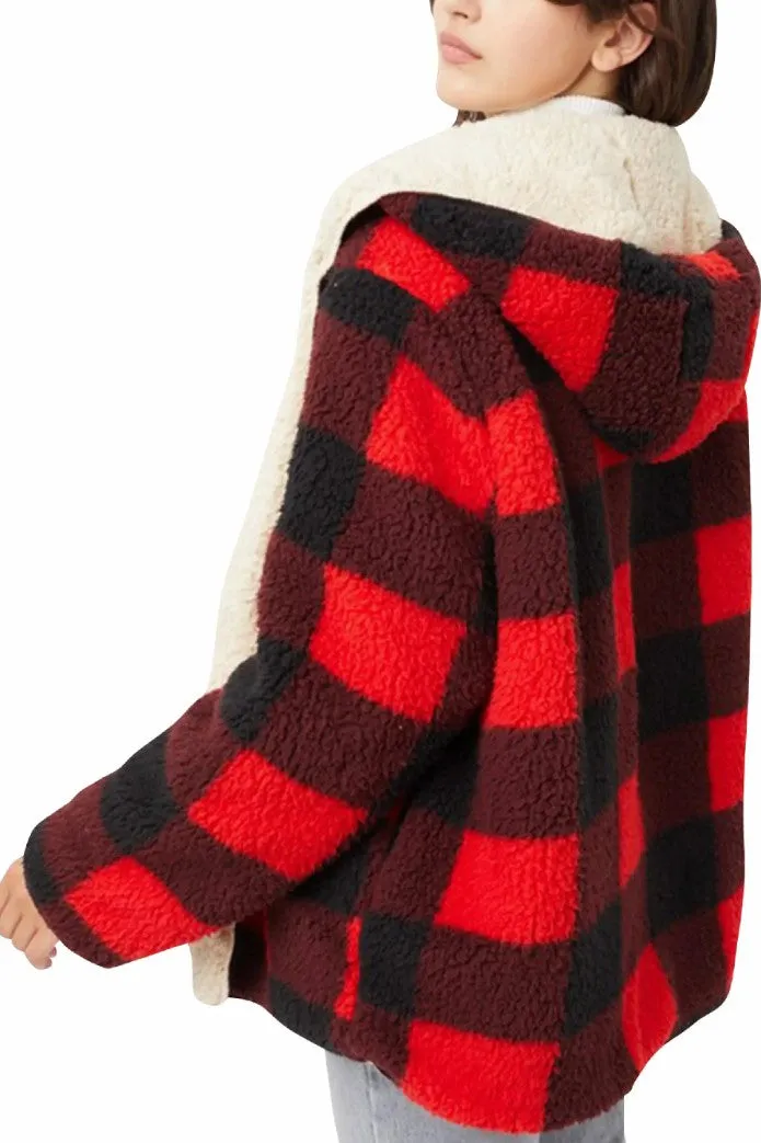 Plaid Fuzzy Red & Black Buffalo Check Sherpa Reversible Coat