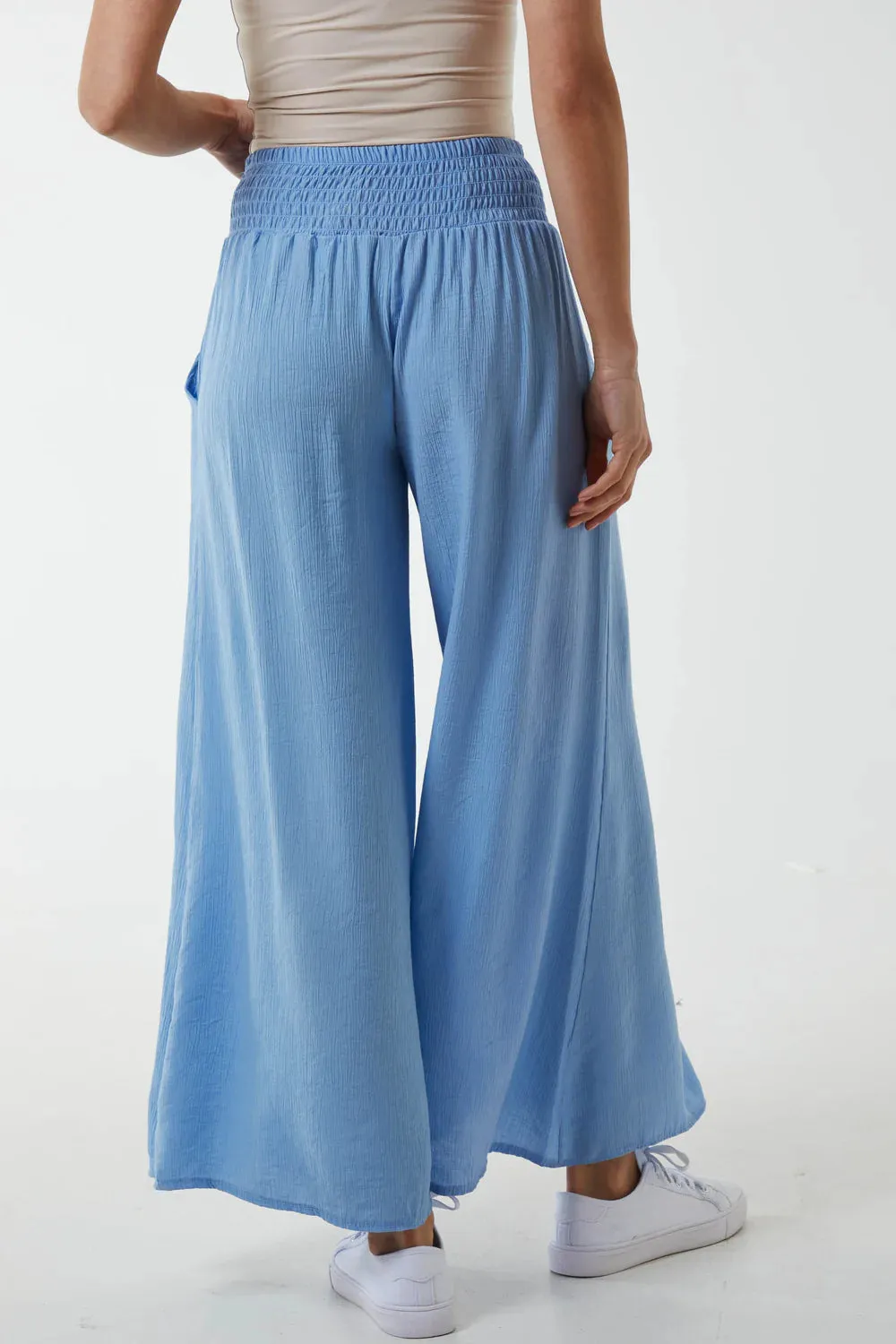 Plain Crinkle Effect Shirred Waist Wide Leg Trousers (2 Colours)