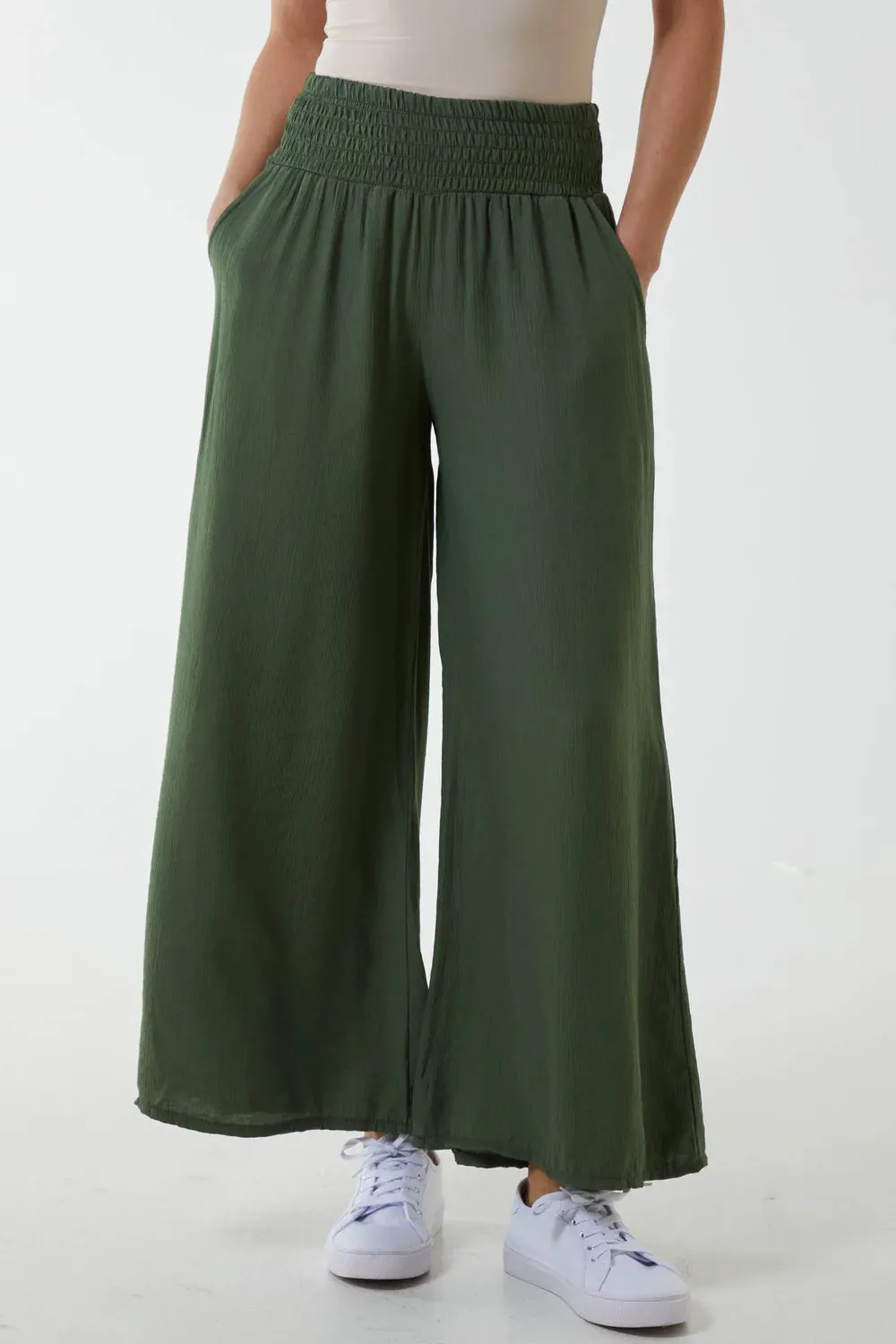 Plain Crinkle Effect Shirred Waist Wide Leg Trousers (2 Colours)