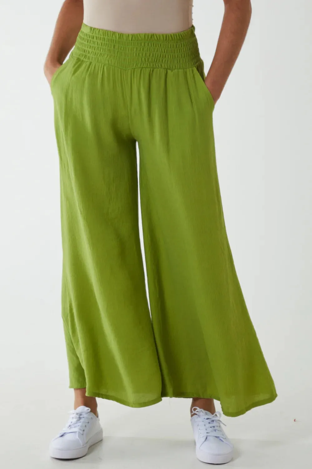 Plain Crinkle Effect Shirred Waist Wide Leg Trousers (2 Colours)