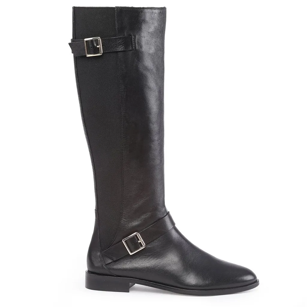 Saint Delores Black Crust Leather Buckle Decor Knee High Boots