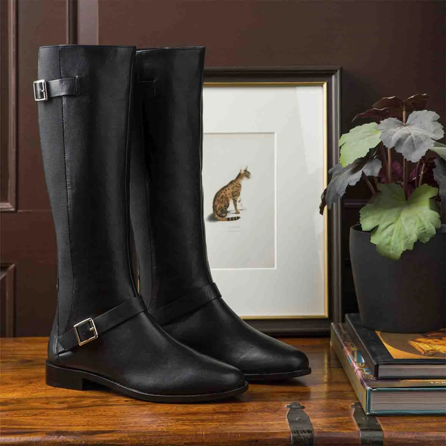 Saint Delores Black Crust Leather Buckle Decor Knee High Boots