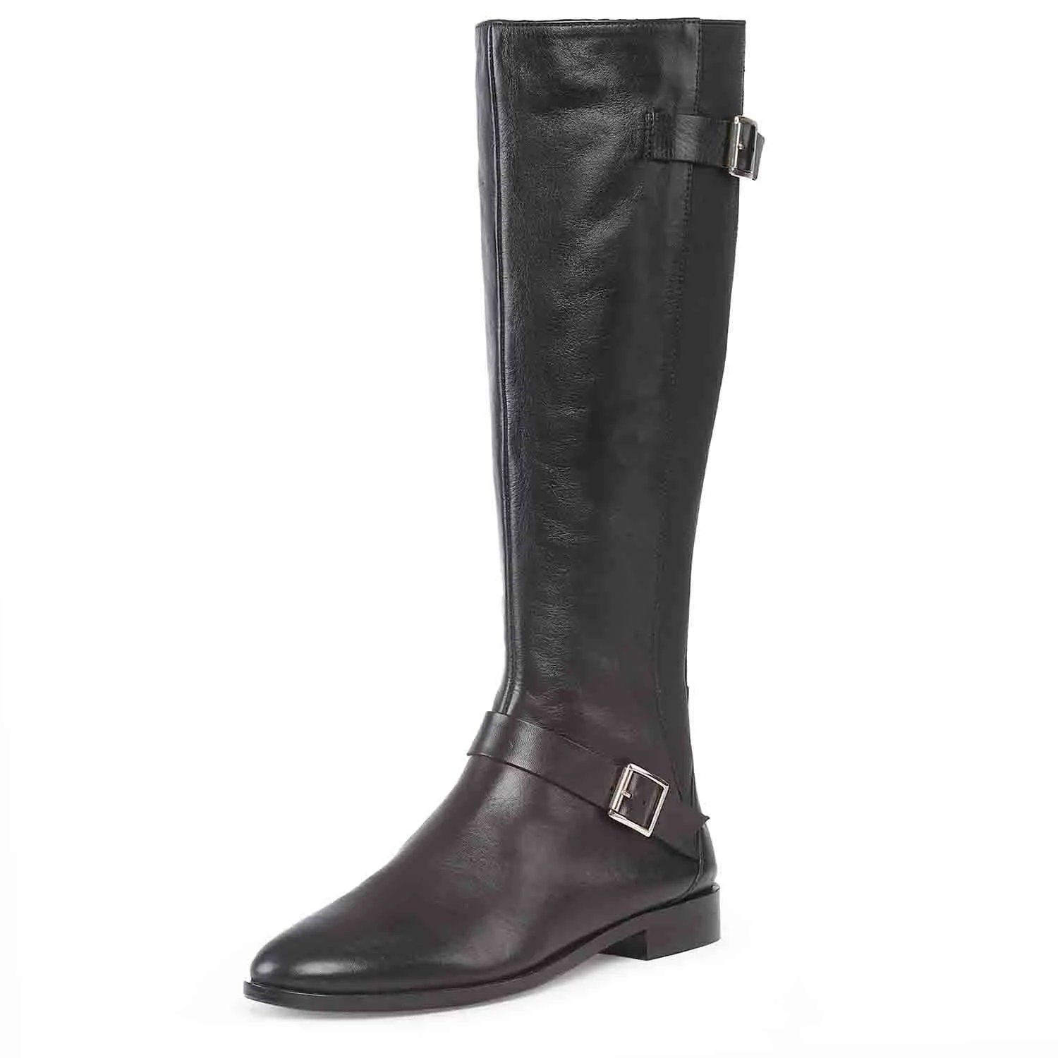 Saint Delores Black Crust Leather Buckle Decor Knee High Boots