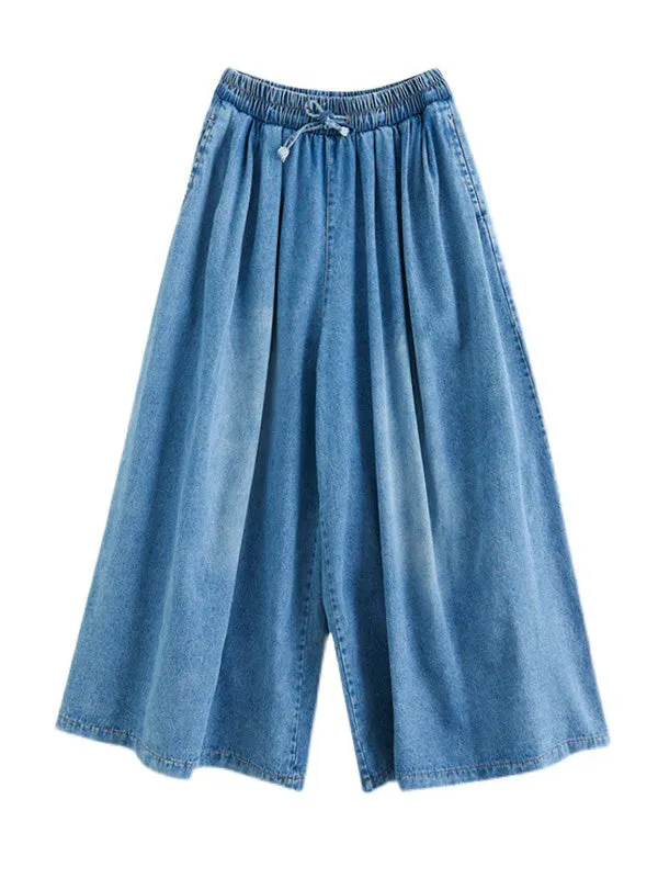 Simple Casual Loose Wide Leg Drawstring Jean Pants