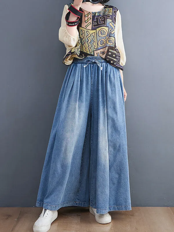 Simple Casual Loose Wide Leg Drawstring Jean Pants