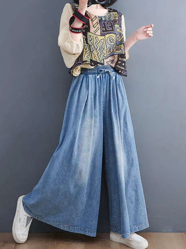 Simple Casual Loose Wide Leg Drawstring Jean Pants