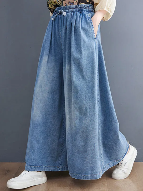 Simple Casual Loose Wide Leg Drawstring Jean Pants