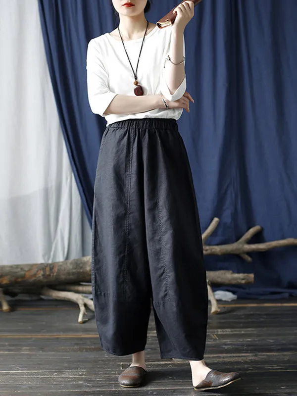 Simple Solid Color Elasticity Waisted Wide Leg Pants