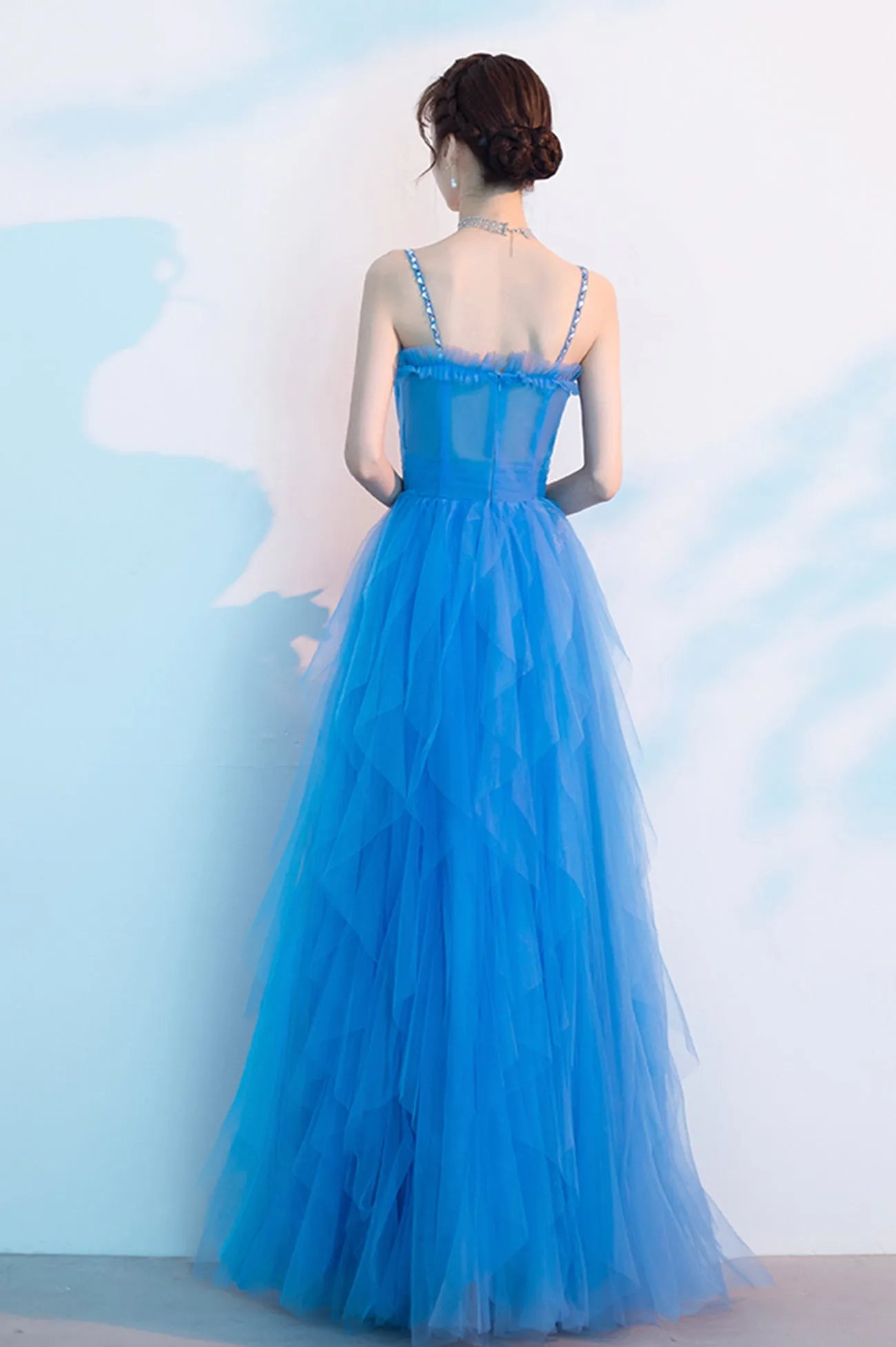 solvbao Blue Tulle Long Prom Dresses, A-Line Evening Dresses