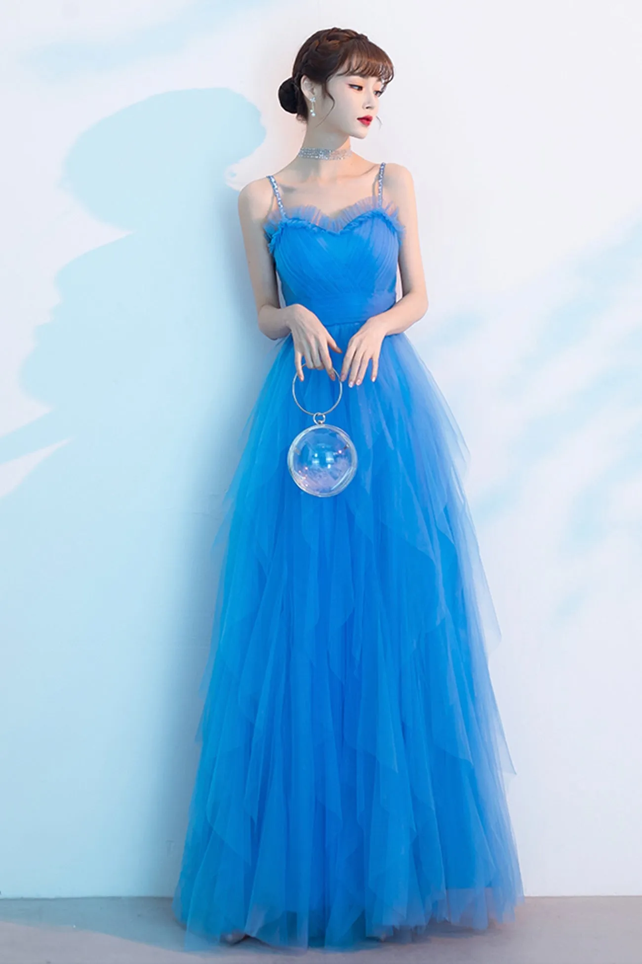 solvbao Blue Tulle Long Prom Dresses, A-Line Evening Dresses