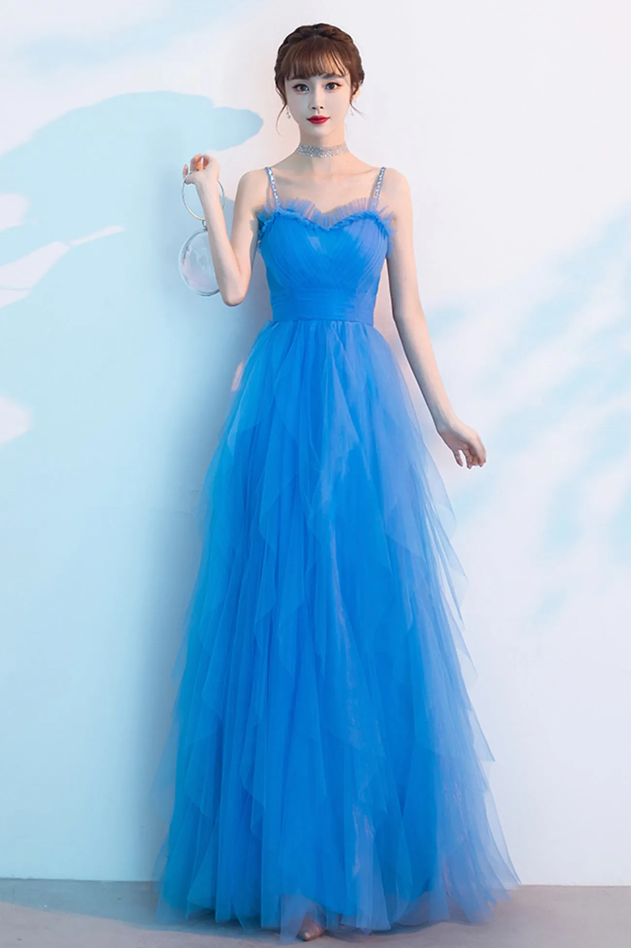 solvbao Blue Tulle Long Prom Dresses, A-Line Evening Dresses