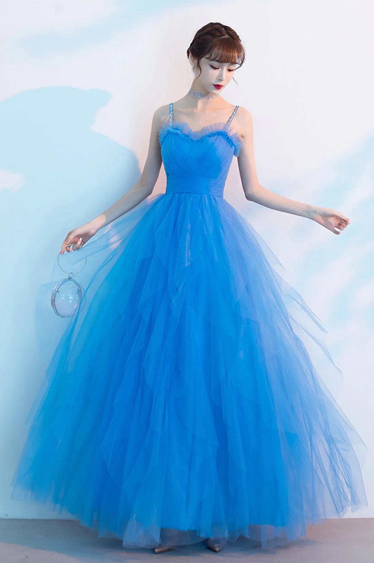 solvbao Blue Tulle Long Prom Dresses, A-Line Evening Dresses