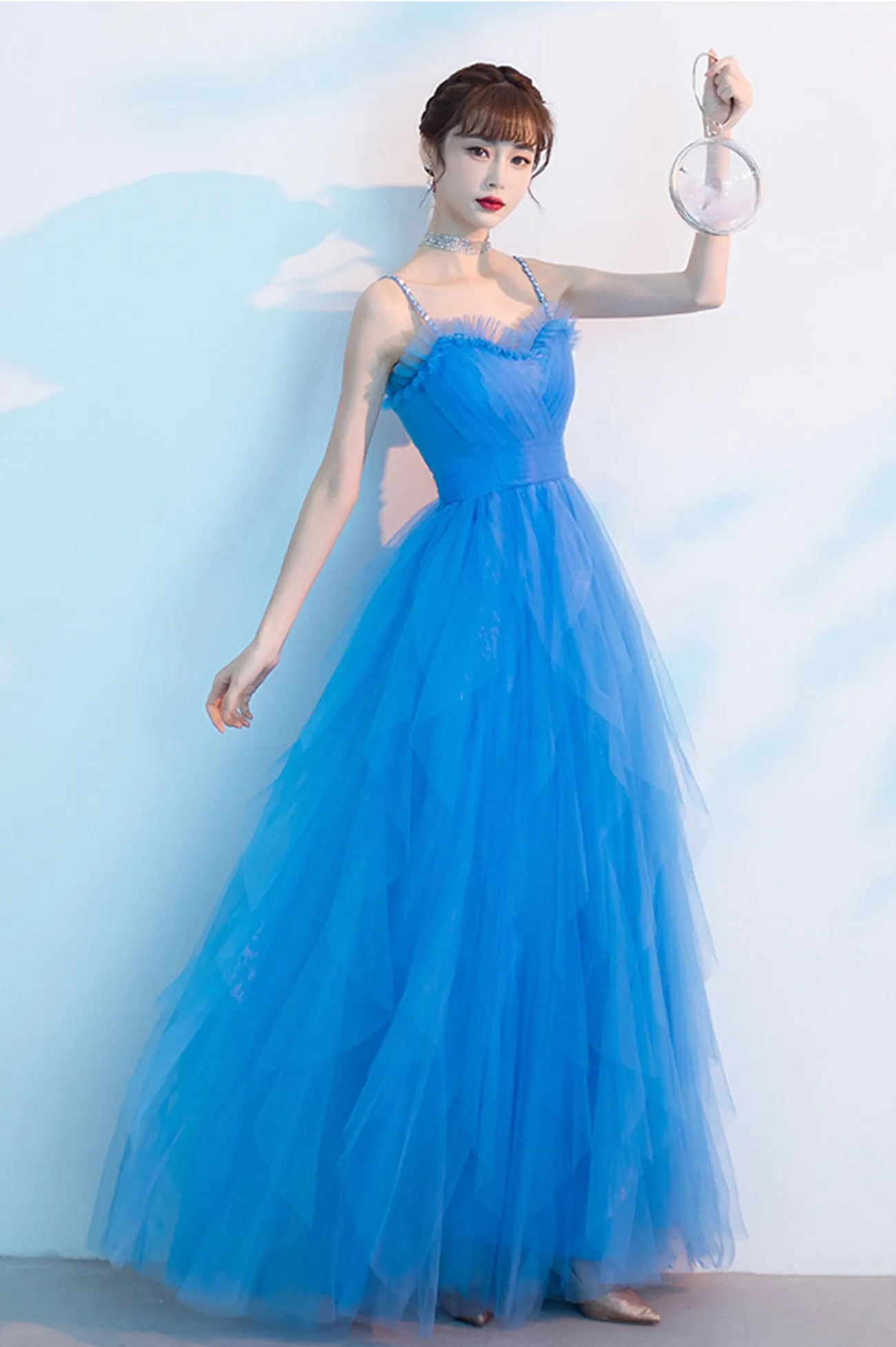 solvbao Blue Tulle Long Prom Dresses, A-Line Evening Dresses