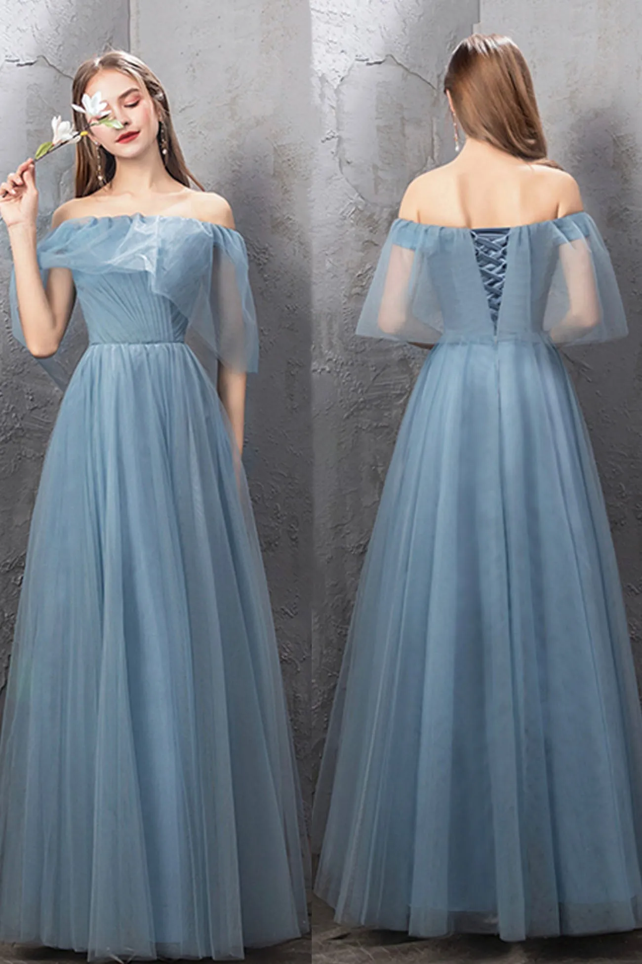 solvbao Blue Tulle Long Prom Dresses, Blue Tulle Bridesmaid Dresses