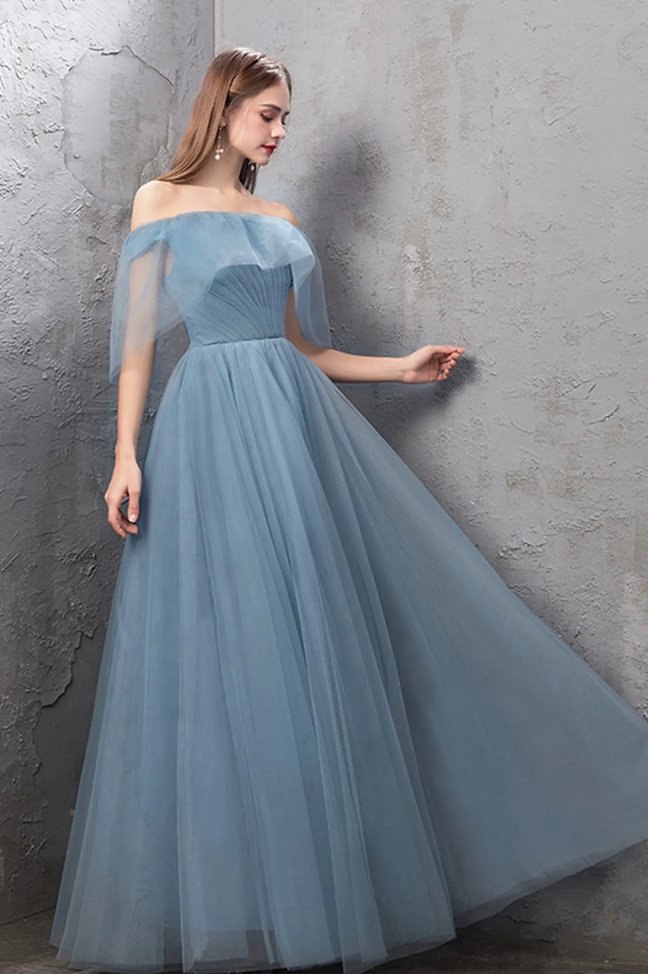 solvbao Blue Tulle Long Prom Dresses, Blue Tulle Bridesmaid Dresses