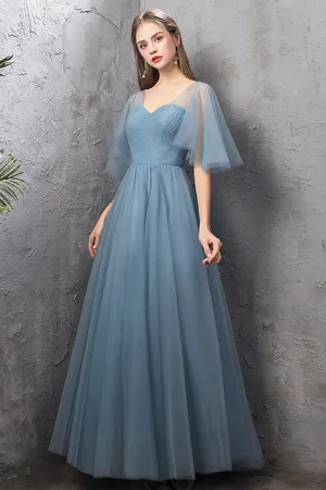 solvbao Blue Tulle Long Prom Dresses, Blue Tulle Bridesmaid Dresses