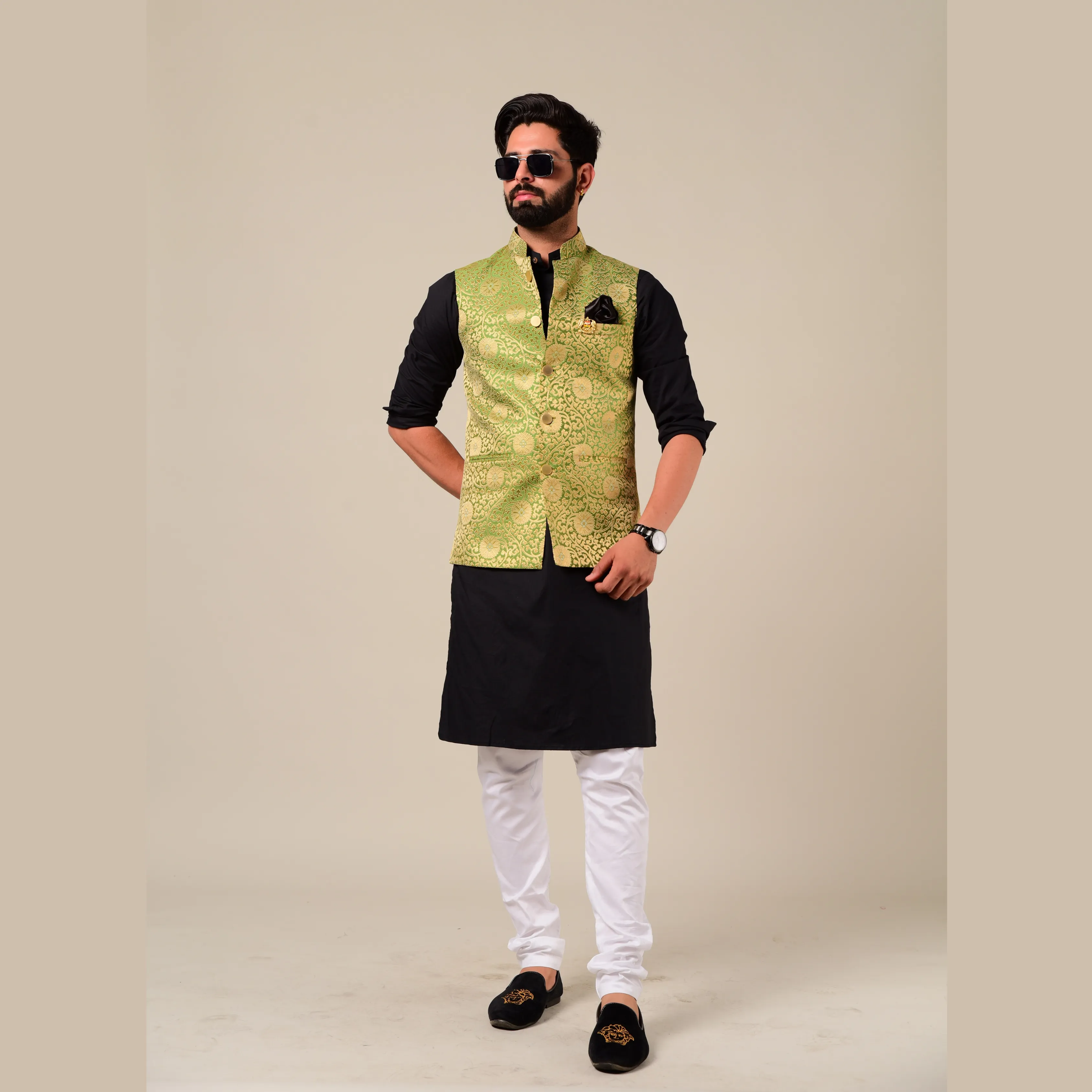 Spring Bug And Golden Brocade Half Jodhpuri Jacket with Kurta Pajama