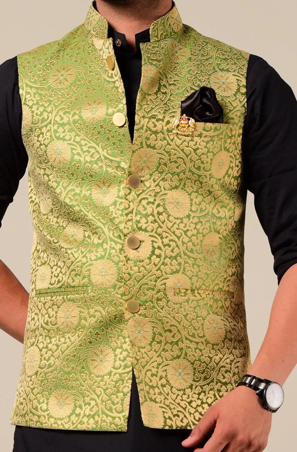 Spring Bug And Golden Brocade Half Jodhpuri Jacket with Kurta Pajama