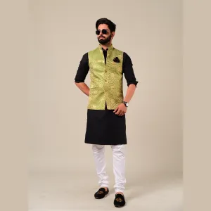 Spring Bug And Golden Brocade Half Jodhpuri Jacket with Kurta Pajama