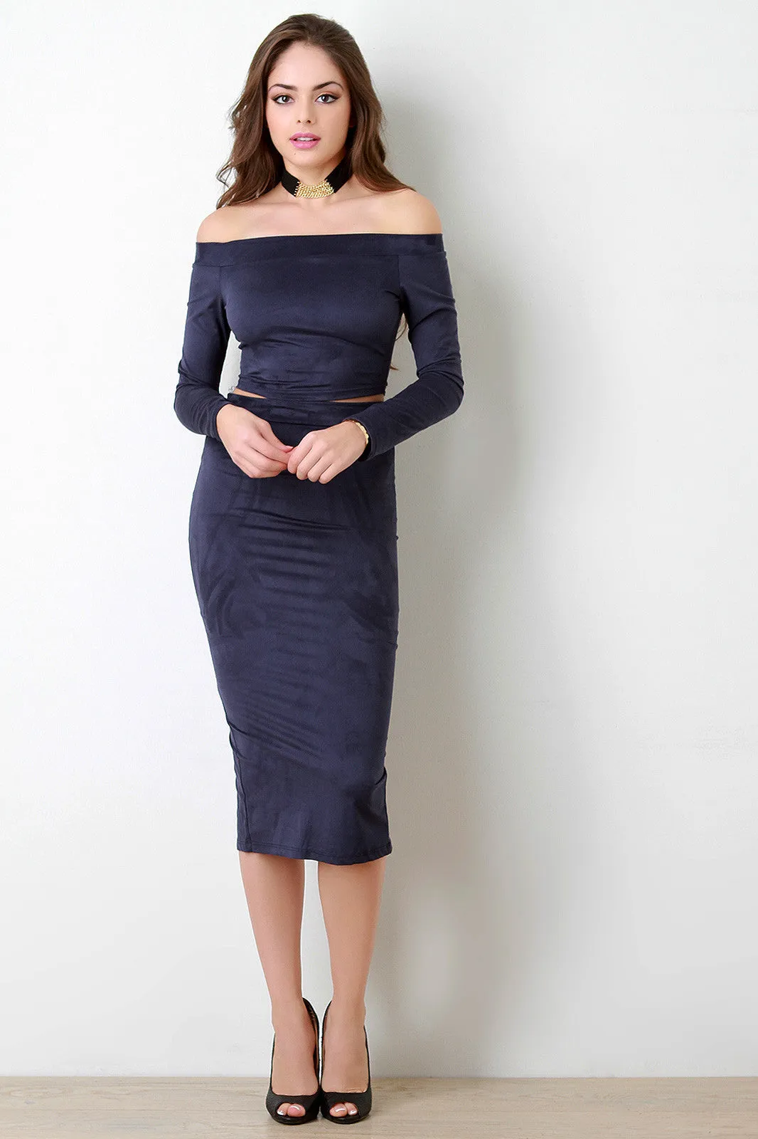 Suede Back Slit High Waist Midi Skirt