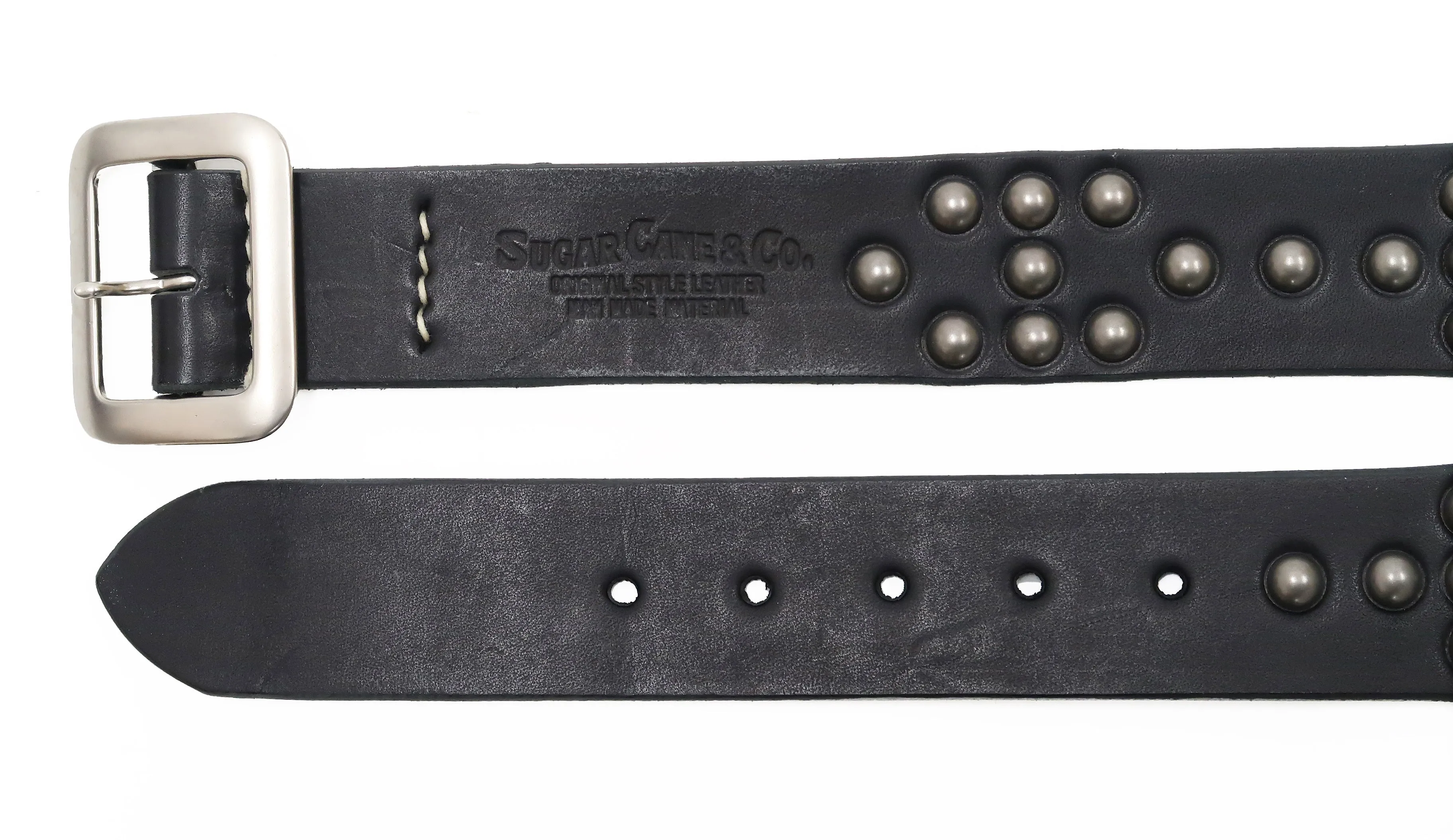 Sugar Cane Studded Belt Men's Ccasual 40mm Wide/4mm Thick Cowhide Leather Belt with Single Prong Square-Shaped Buckle SC02321 119 Black