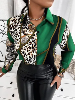 Urban Long Sleeves Loose Printed Leopard Lapel Collar Blouses&Shirts Tops