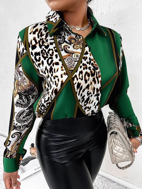 Urban Long Sleeves Loose Printed Leopard Lapel Collar Blouses&Shirts Tops