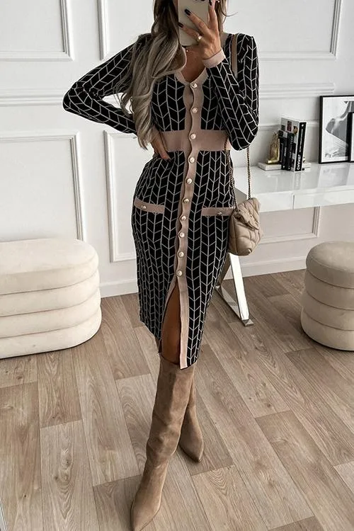 V Neck Long Sleeves Slit Button Dress