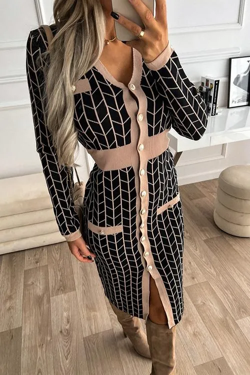 V Neck Long Sleeves Slit Button Dress