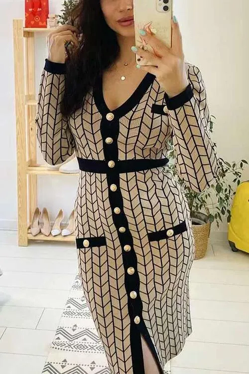 V Neck Long Sleeves Slit Button Dress