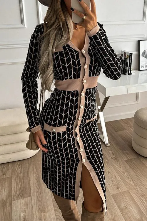 V Neck Long Sleeves Slit Button Dress