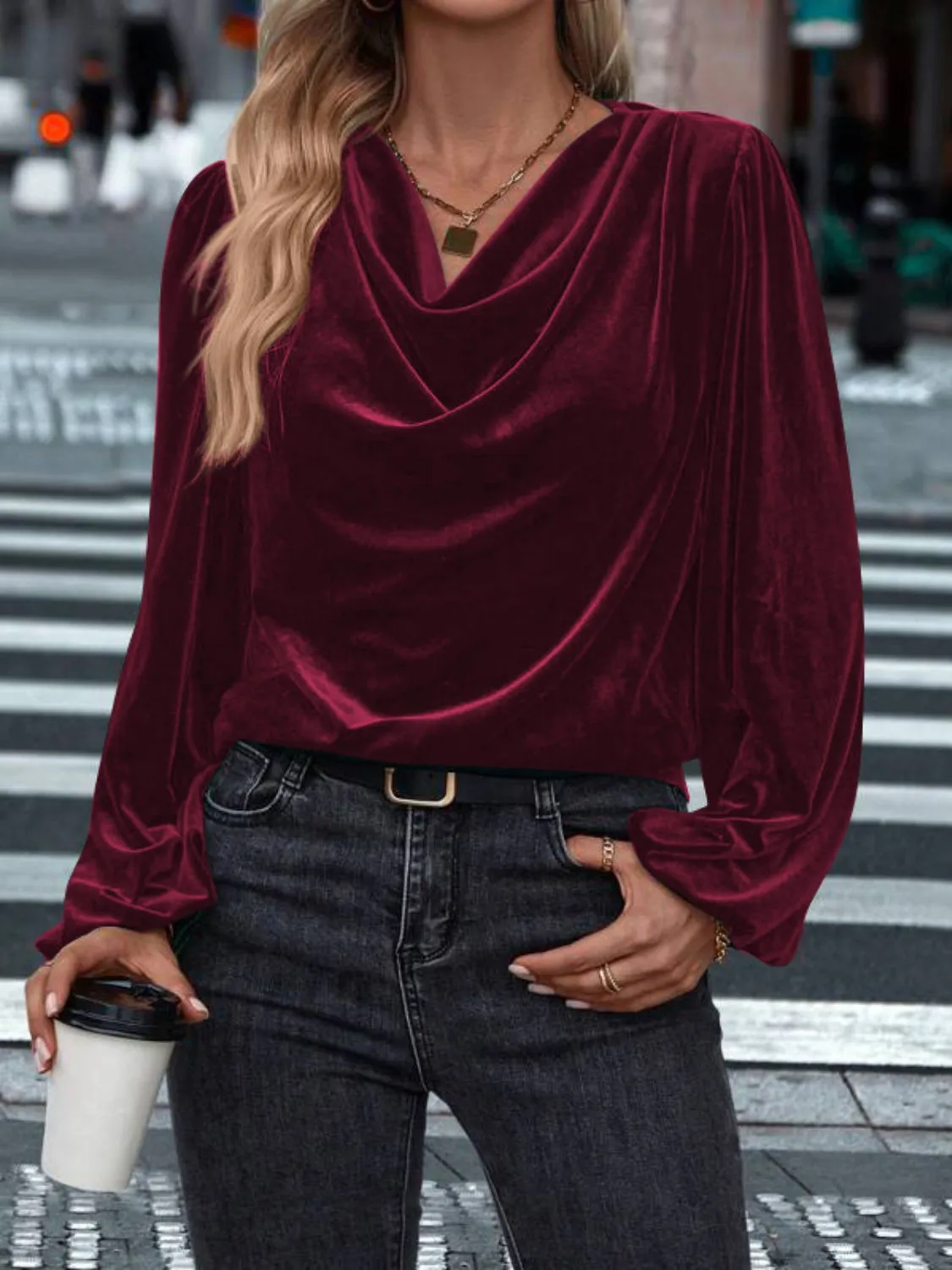 Velvet Cowl Neck Long Sleeve Blouse