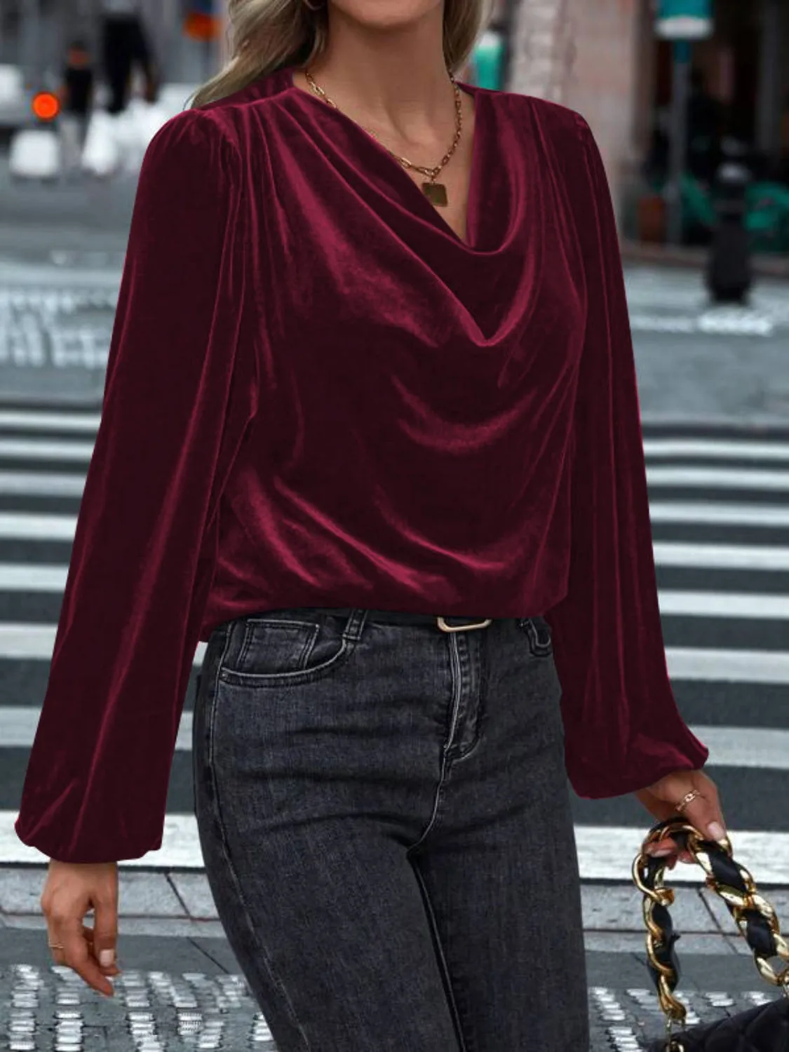 Velvet Cowl Neck Long Sleeve Blouse