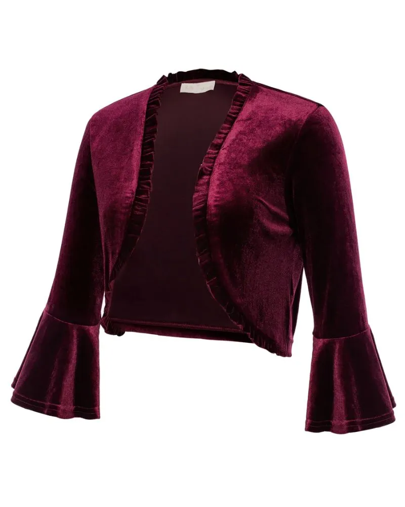 Velvet Shrug 3/4 Sleeve Open Front Ruffled Trim Bolero