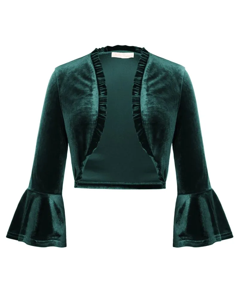 Velvet Shrug 3/4 Sleeve Open Front Ruffled Trim Bolero