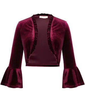 Velvet Shrug 3/4 Sleeve Open Front Ruffled Trim Bolero