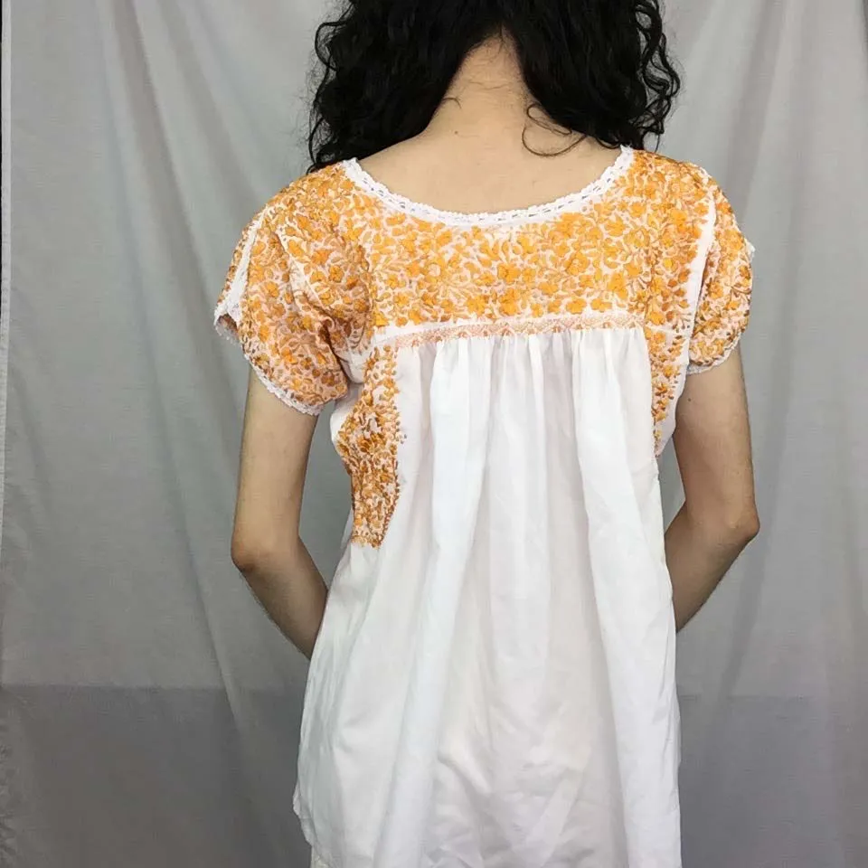 Vintage 70s | Mexican Hippie Cotton Boho Embroidered Puebla Blouse | Free Size